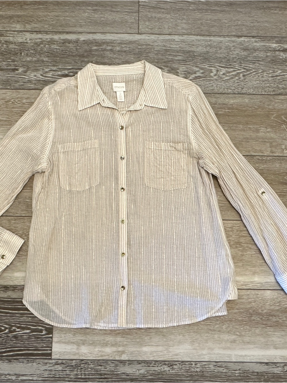 Chico’s Sz 2 L Button Down Shirt w Metallic Gold Stripes